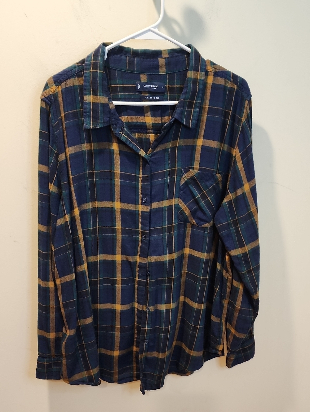 Lucky Brand Blue, Green & Mustard Plaid Button-Up Long Sleeves Shirt Sz XL